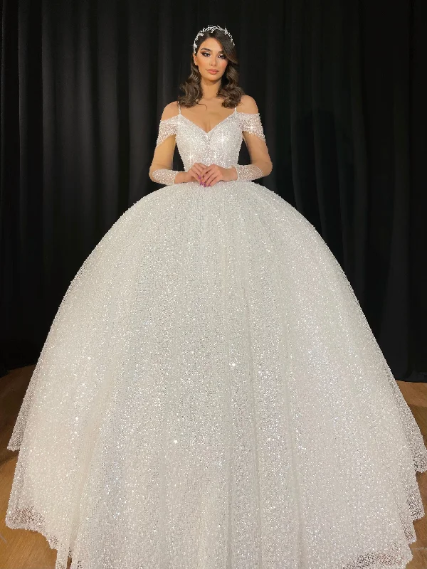 Shimmering Ball Gown with Sheer Sleeves