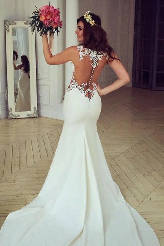 Stunning See-through Mermaid Sleeveless Lace Appliques Court Train Wedding Dress N465