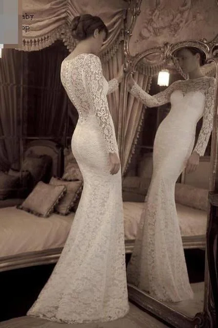 Vintage Ivory Trumpet Long Sleeves Lace Long Beach Wedding Dress Lace Prom Gown N544