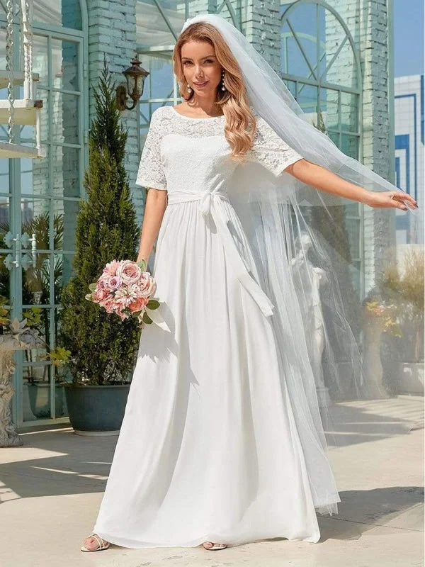 White Simple Wedding Dress Chiffon Jewel Neck Short Sleeves Sash A-Line Long Bridal Gowns