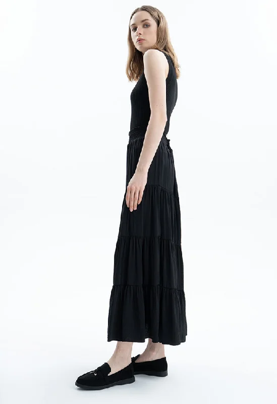 Smocked Waist Tiered Solid Skirt Vacation unclassified skirts