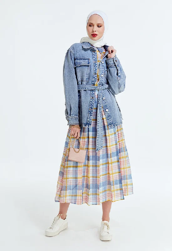 Box Pleated Checkered Skirt Denim unclassified skirts
