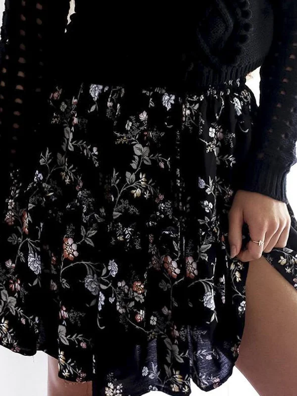 Floral Print High Waist Boho Skirts - Black Holiday unclassified skirts