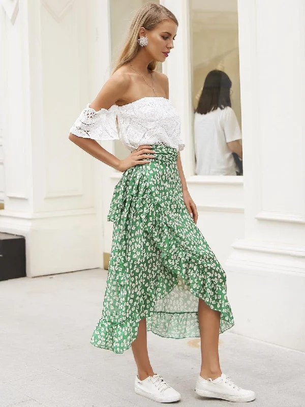 Ruffle Leaf Print Wrap Skirt - Green Neutral tone unclassified skirts