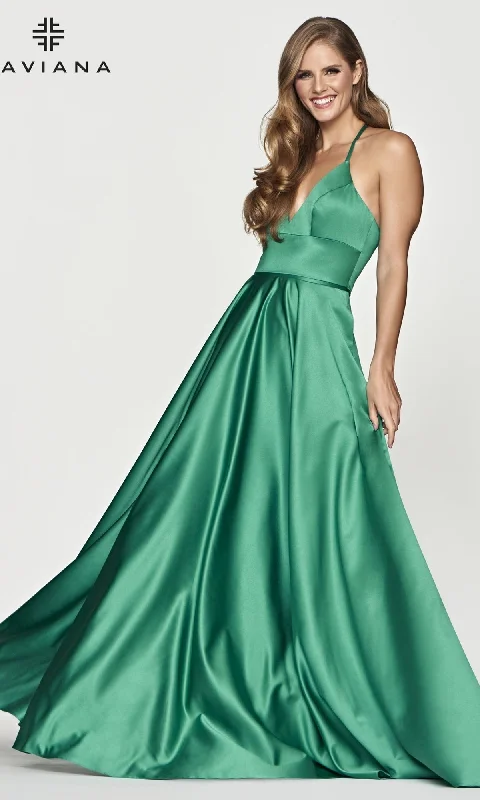 Faviana Long Satin A-Line Prom Dress with Pockets