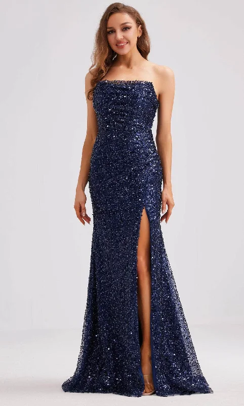 J'Adore Dresses J23020 - Draped Sequin Evening Dress with Slit