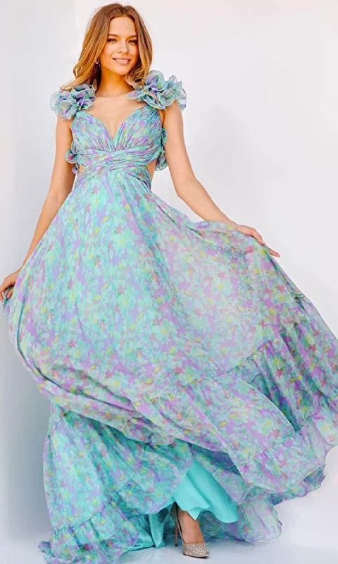 Jovani 23320 - Ruffled Shoulder Flowy Printed Gown