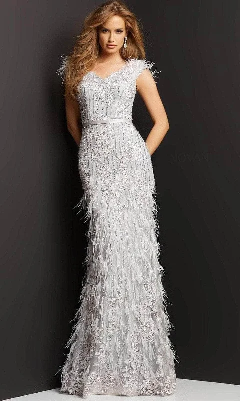 Jovani - Cap Sleeve Feathered Long Dress 03108SC