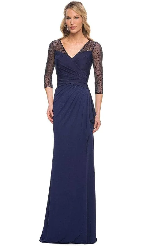 La Femme - 30028SC Sheer Quarter Length Sleeve V-neck Long Dress