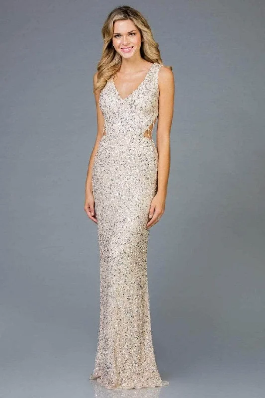 SCALA - 48962 Shimmering V-neck Long Dress - 1 pc Cream in Size 0 Available