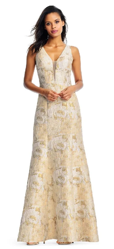 Aidan Mattox - Deep V-neck Floral Metallic Jacquard Dress MD1E202493SC