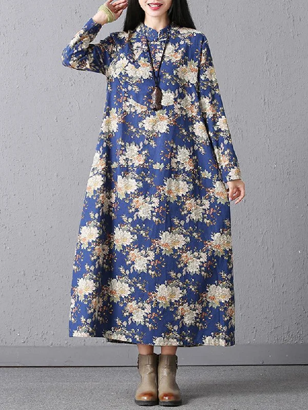 Casual Loose Floral Printed Stand Collar Women Dresses