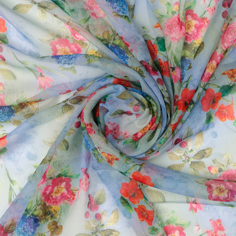 FAB VOGUE Studio Floral Chiffon Fabric - Light Blue & Pink, Digital Printed - Perfect for Dresses, Tops, and More!