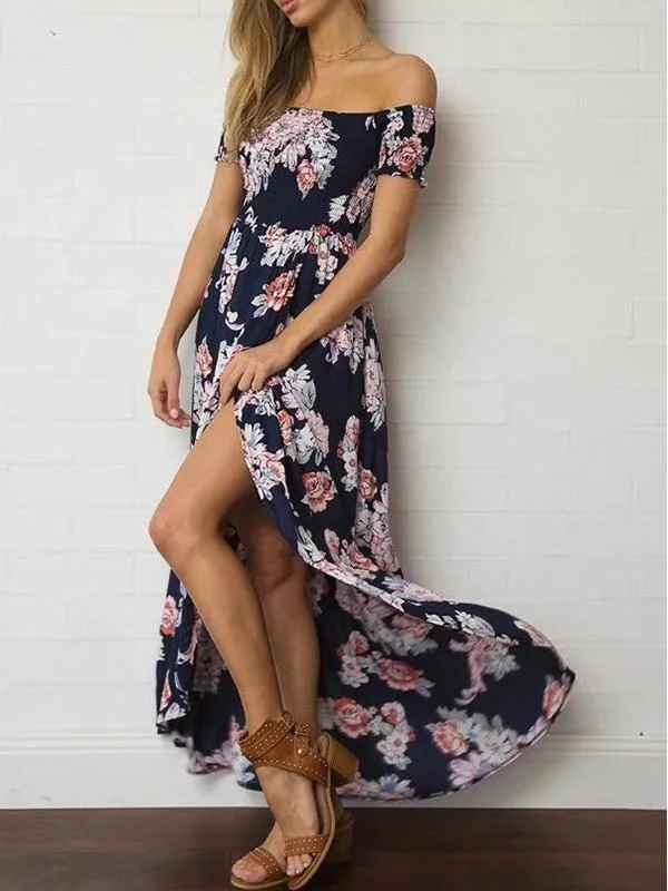 High Waist Floral-Print Off-Shoulder Side Split Bohemia Beach Dress