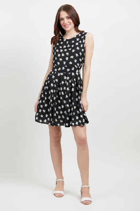 Pug All Over Print Round Neckline Black Dress