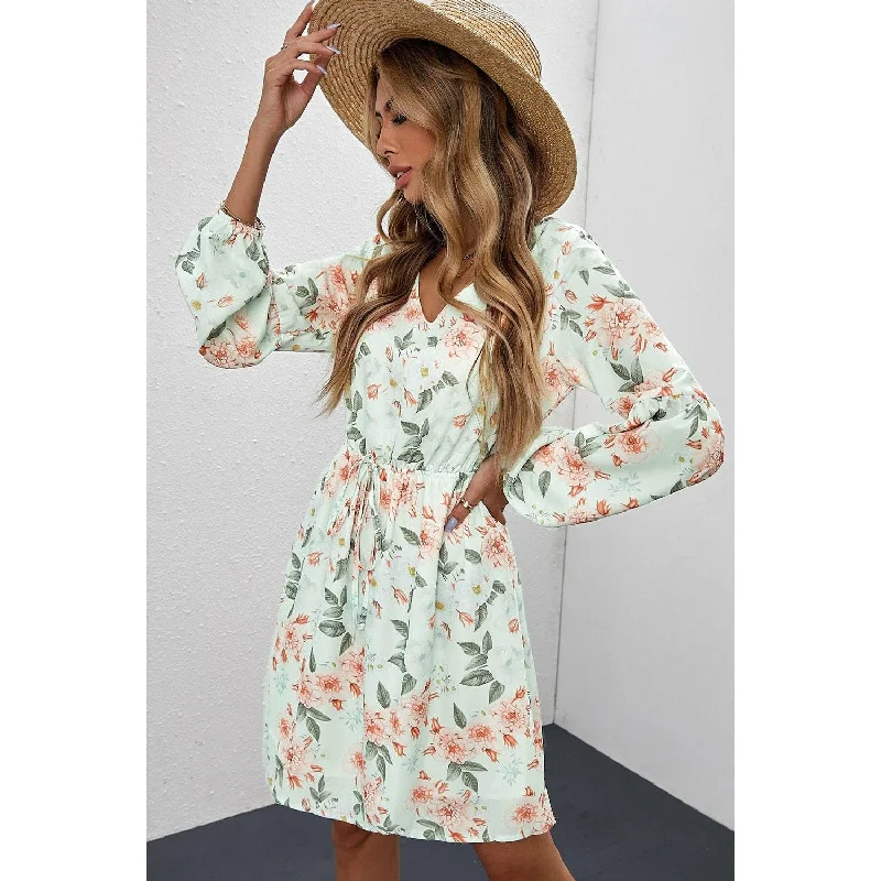 White V Neck Lantern Sleeve Elastic Waist Floral Dress