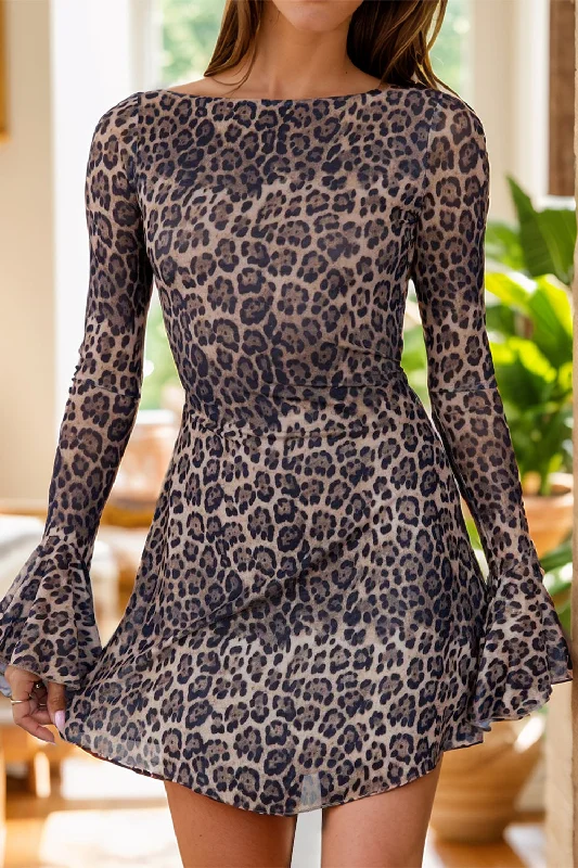 Blue Zone Planet |  Backless Leopard Flare Sleeve Dress