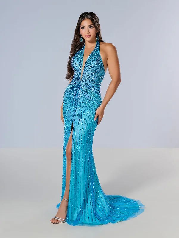 Beaded Fitted Halter Slit Gown by Tiffany Designs 16205