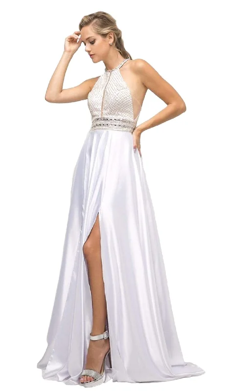 Cinderella Divine - UM076 Beaded Halter A-line Dress With Train