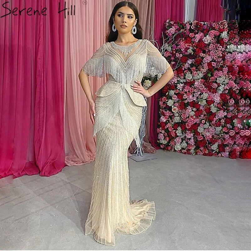 Dubai Beige Tassel Beading Mermaid Evening Dresses Design 2024 Half Sleeves Luxury Sexy Formal Dress Serene Hill LA70342