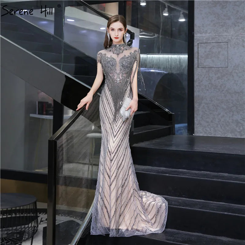 Dubai Luxury High-end  Evening Dresses 2024 Champagne Grey Beaded Tassel Formal Serene Hill LA60811