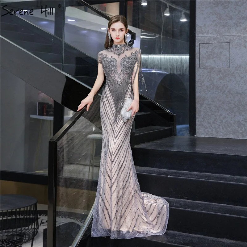 Dubai Luxury High-end Sexy Evening Dresses 2024 Champagne Grey Beading Tassel Formal Dress Serene Hill LA60811