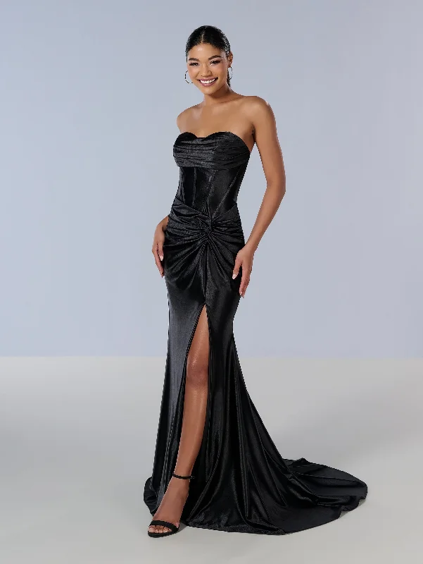 Fitted Strapless Corset Slit Gown by Tiffany Designs 16180