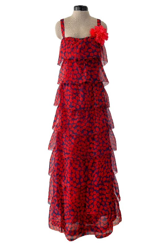 Gorgeous 1970s Givenchy Blue & Red Dot Tiered Silk Organza Ruffle Dress