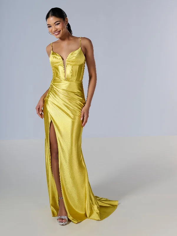 Jersey Fitted Corset Slit Gown by Tiffany Designs 16185