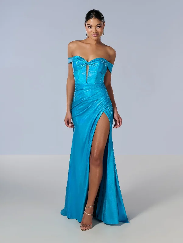 Metallic Off Shoulder Slit Gown by Tiffany Designs 16186