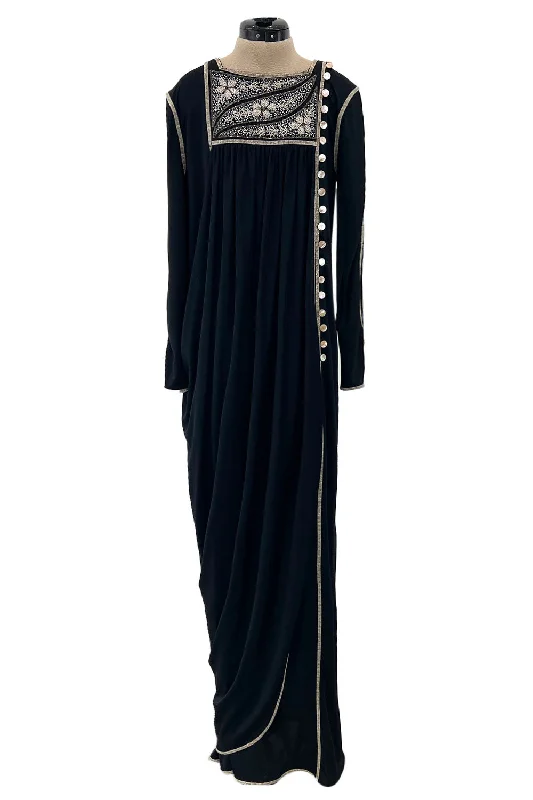 Museum Held 1970s Bill Gibb Black Liquid Jersey Dress w MOP Buttons & Extensive Beading