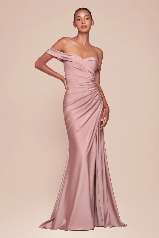 Satin Fitted Off Shoulder Slit Gown by Ladivine CD790 - Outlet