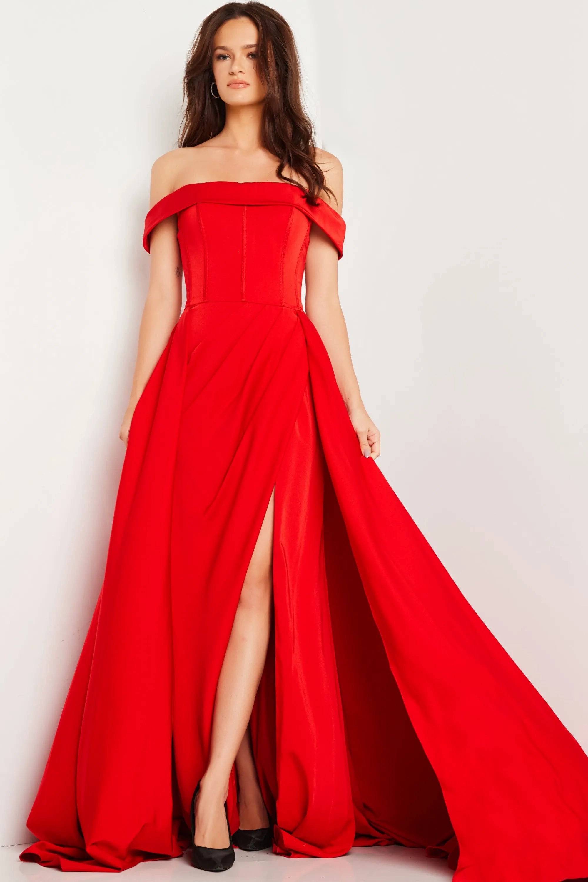 Satin Off Shoulder A-line Slit Gown by Jovani 09874