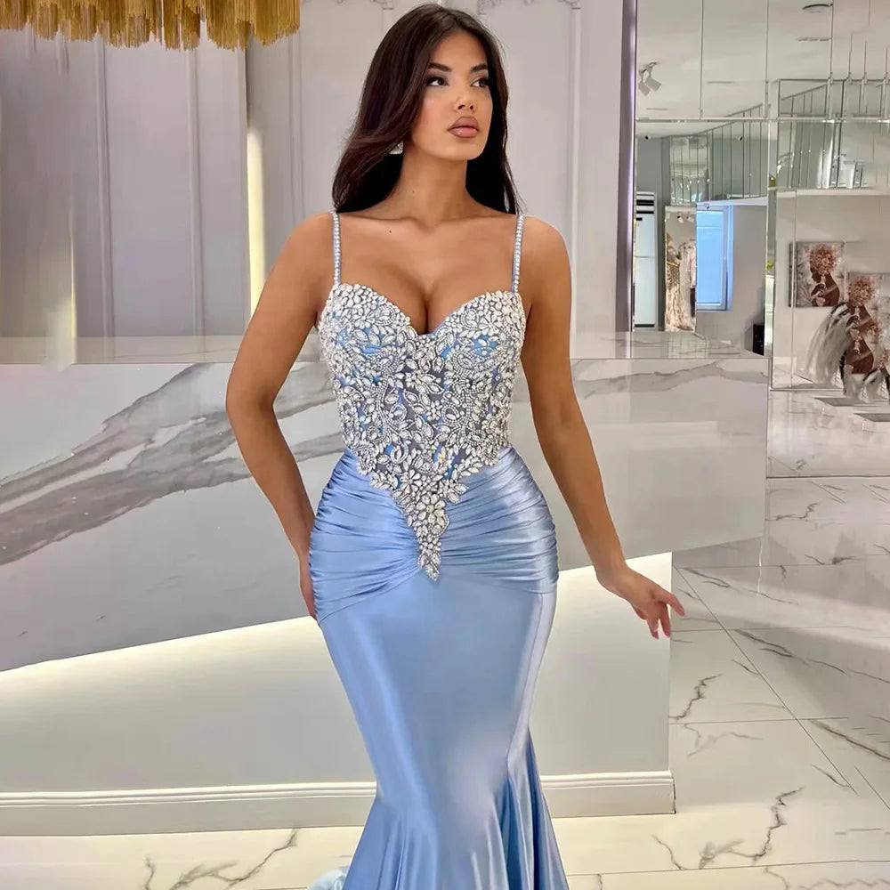 Serene Hill 2024 Arabic Blue Spaghetti Strap Satin Mermaid Gown Luxury Beaded Saudi Evening Dress for Formal Occasion LA72729