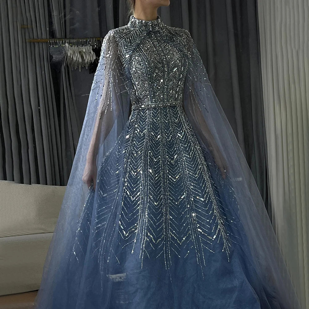 Serene Hill 2024 Blue Beaded Design A-Line Saudi Arabic Evening Dresses Gowns with Cape Sleeves for Formal Occasion LA72728