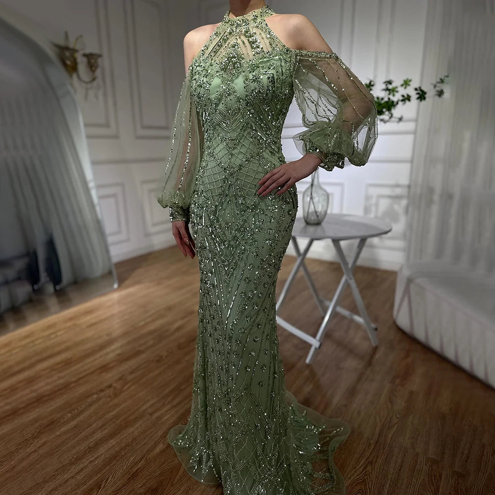 Serene Hill 2024 Elegant Sage Green Halter Neck Beaded Luxury Mermaid Evening Dress for Formal Occasion Saudi LA72737