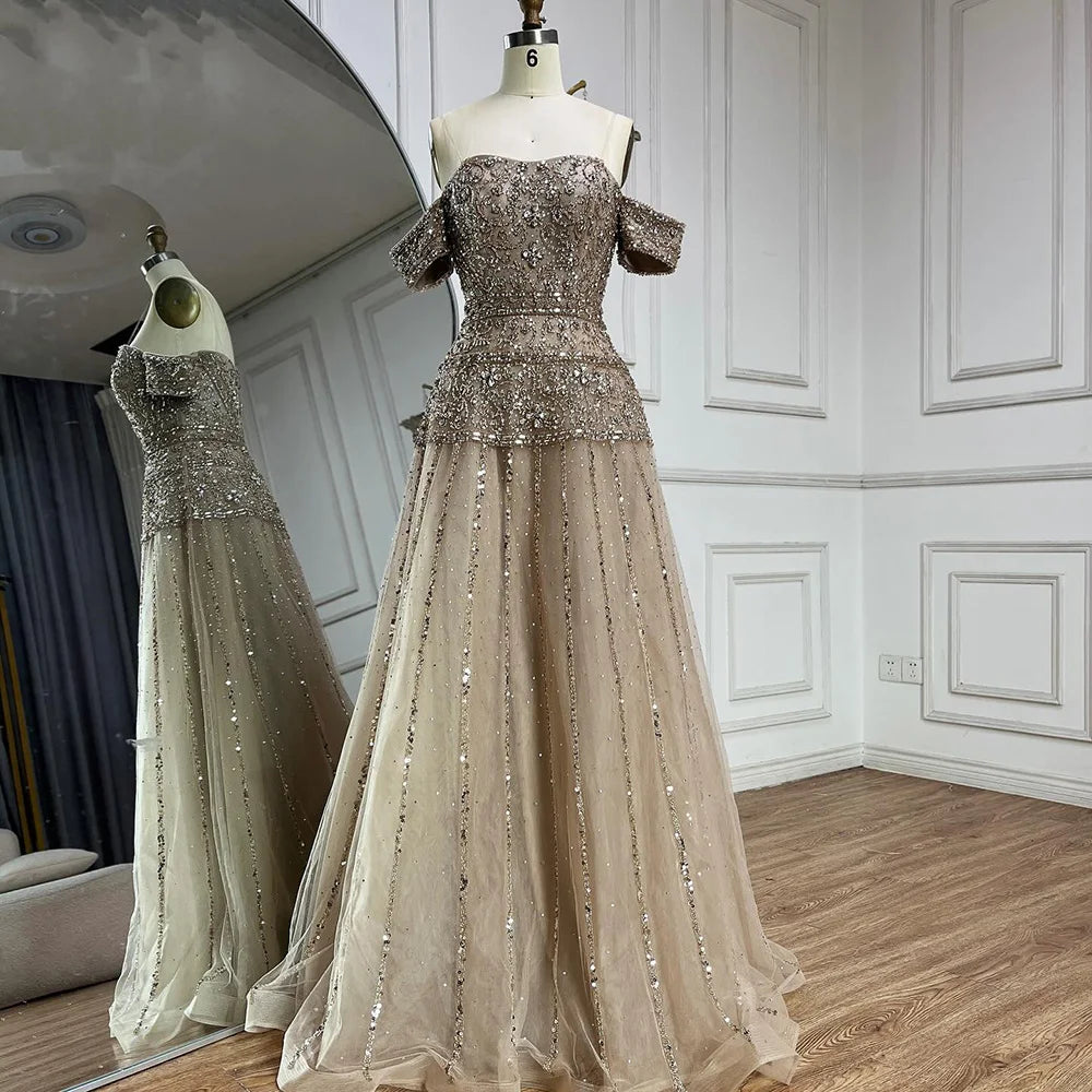 Serene Hill 2024 Off The Shoulder A-Line Caramel Beaded Luxury Evening Dress for Formal Occasion Saudi LA72709