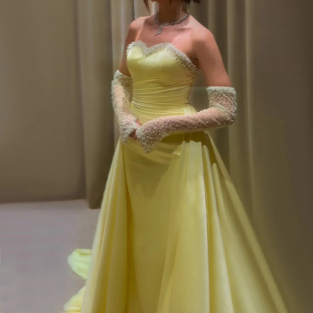 Serene Hill 2024 Saudi Arabia Yellow Mermaid Elegant Detachable Sleeves Luxury Beaded Evening Gown for Formal Occasion LA72777