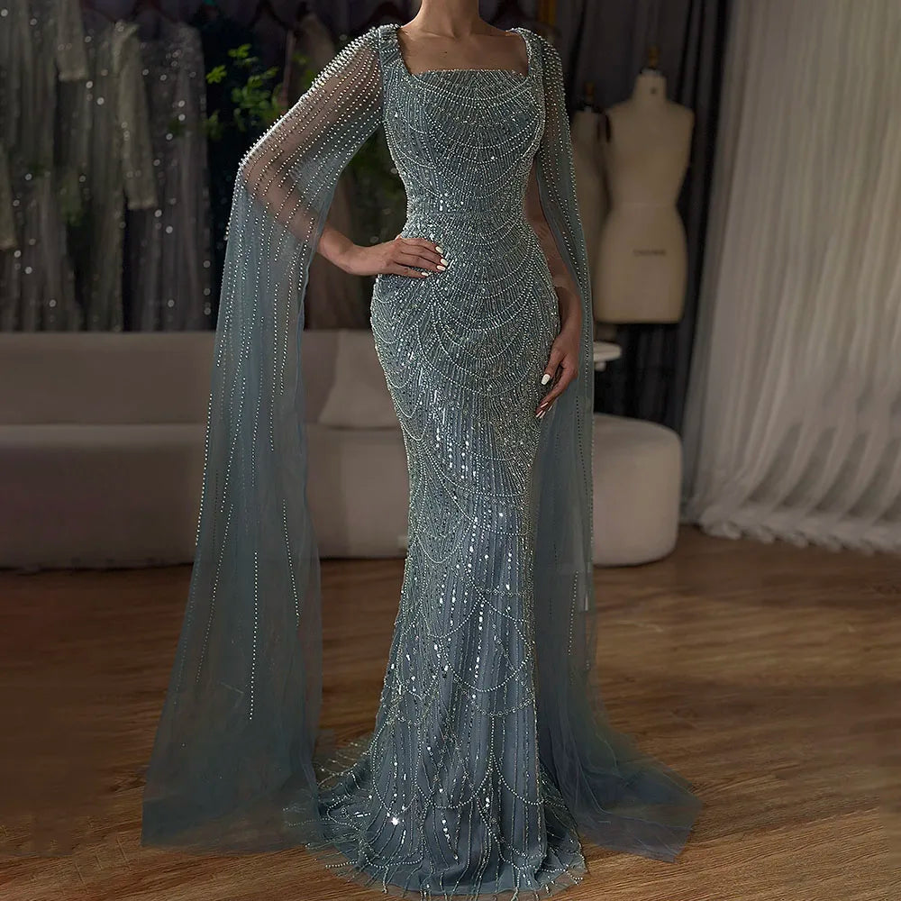 Serene Hill 2024 Saudi Arabic Turquoise Mermaid Evening Dress With Pearls Beaded Cape Sleeves For Formal Occasion LA72590A