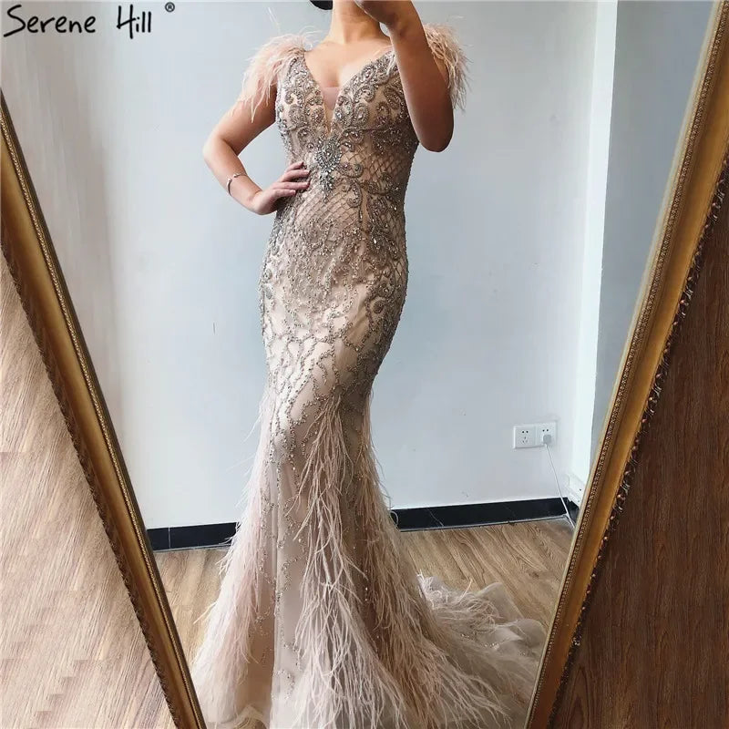 Serene Hill Champagne Mermaid Elegant Evening Dresses Diamond Feathers Sleeveless Formal Luxury Beaded 2024 LA70350