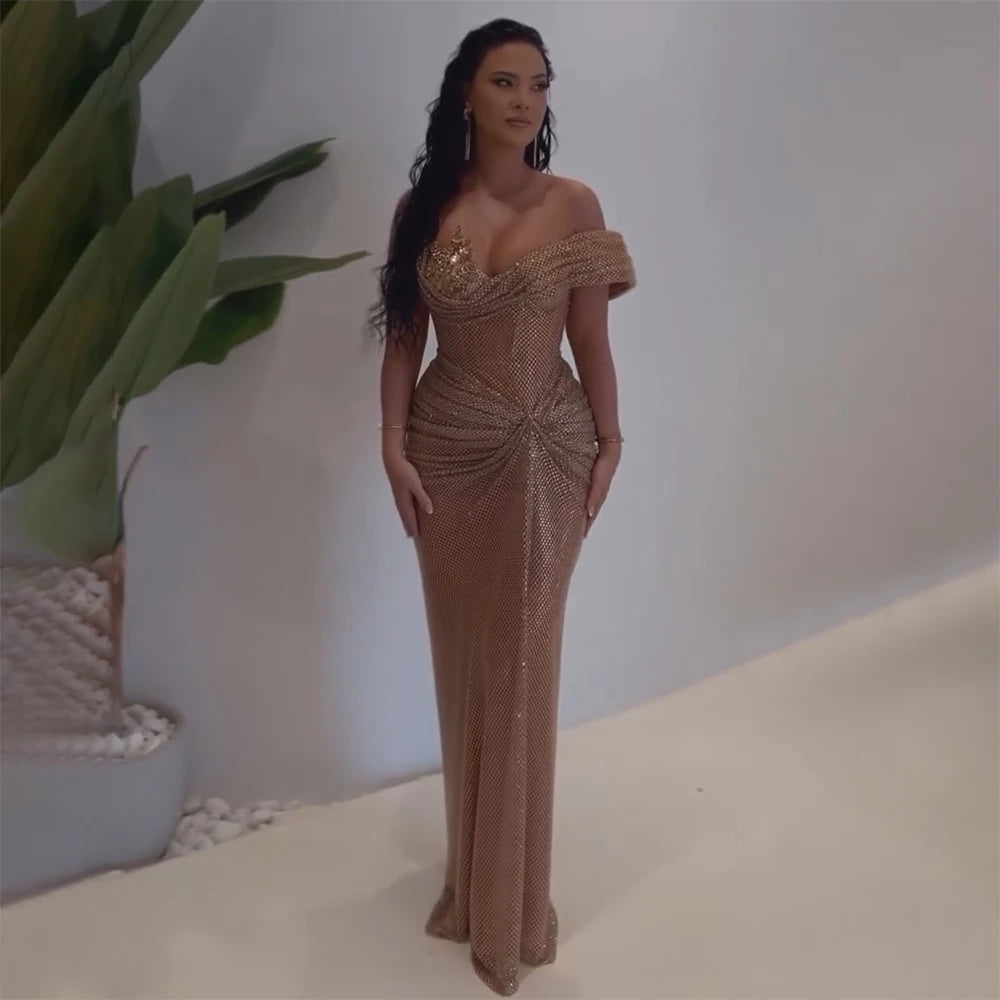 Serene Hill Customized 2025 Rose Gold Saudi Arabic Beaded High Split Evening Dresses Gowns for Formal Occasion LA72807