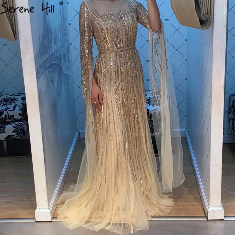 Serene Hill Luxury  Gold  Beading A-Line  Cape Sleeves Evening  Gown For Woman Dresses 2024 Fromal Dress  LA70637