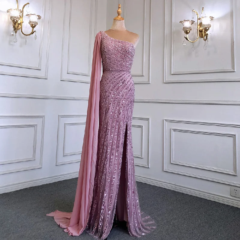 Serene Hill Pink Mermaid Elegant One-Shoulder Cape Sleeve Evening Dresses Gowns 2024 High Split Luxury  Beaded LA71708