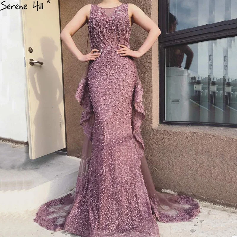 Serene Hill Pink Mermaid Elegant Sleeveless Sexy Evening Dresses Pearls Fashion Off Shoulder Gowns Luxury Beaded 2024 LA6527