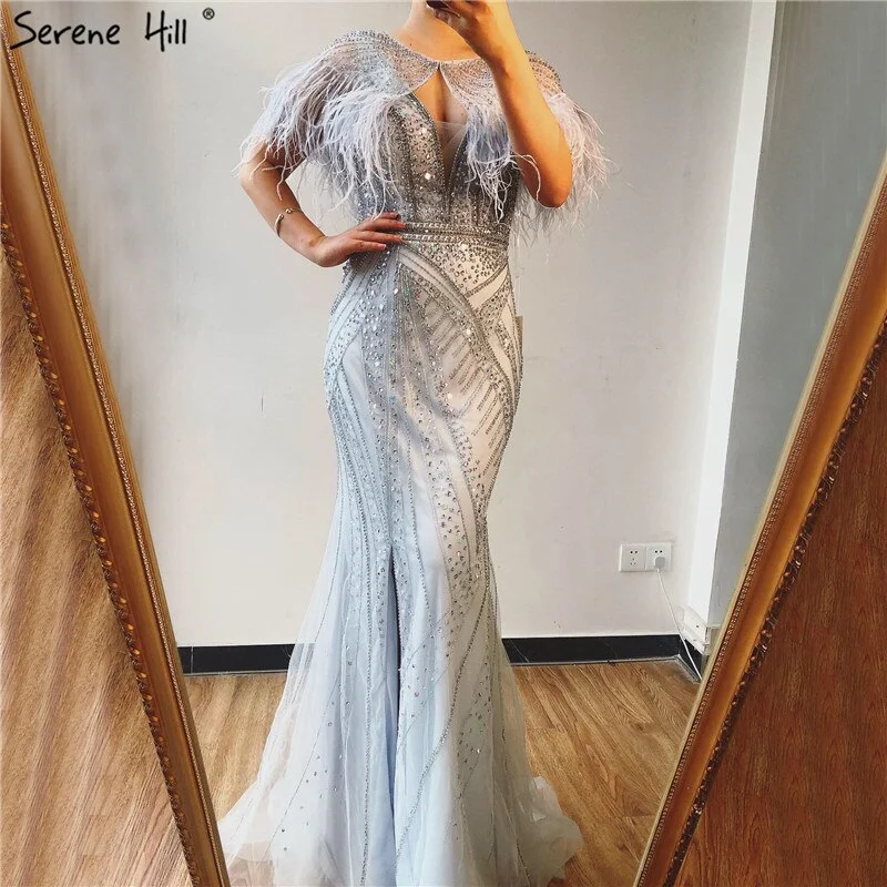 On Sale no return no refundSale Silver Feathers Shawl Yarn Sexy Evening Dresses 2024 Dubai Mermaid V-Neck Beading Diamond Formal Dress Serene Hill LA70355