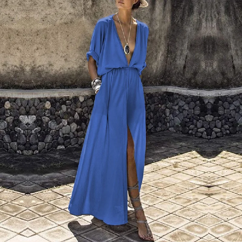 Summer Women Loose Pockets Deep V Neck Maxi Dress