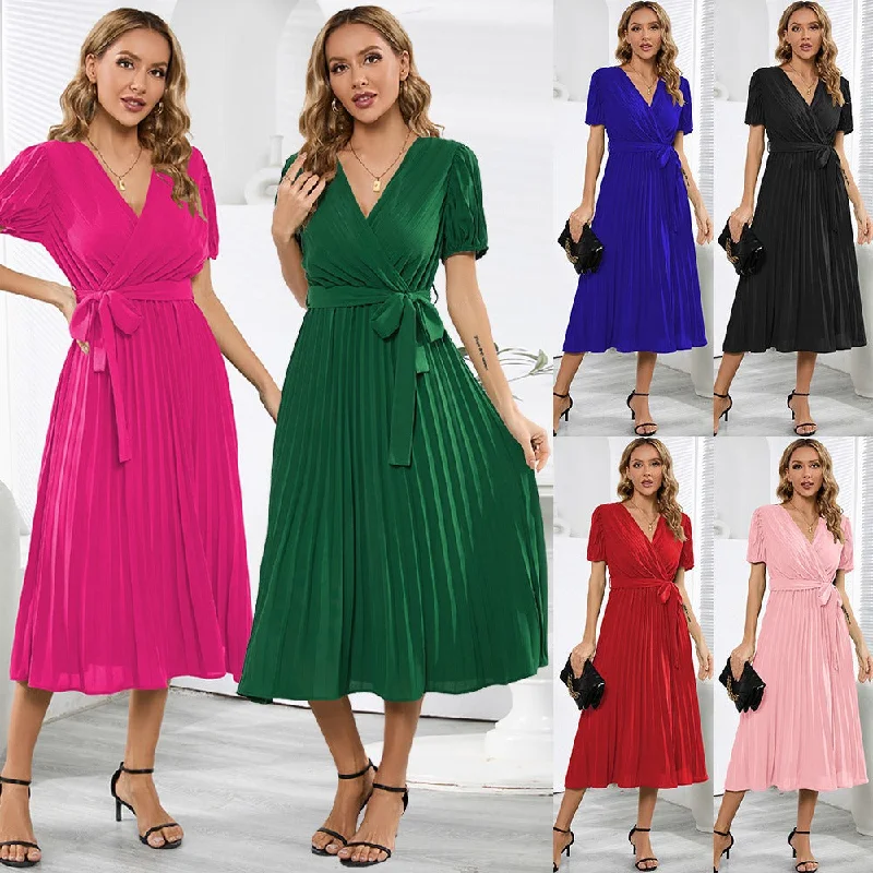 V neck bubble sleeve pleated long dress