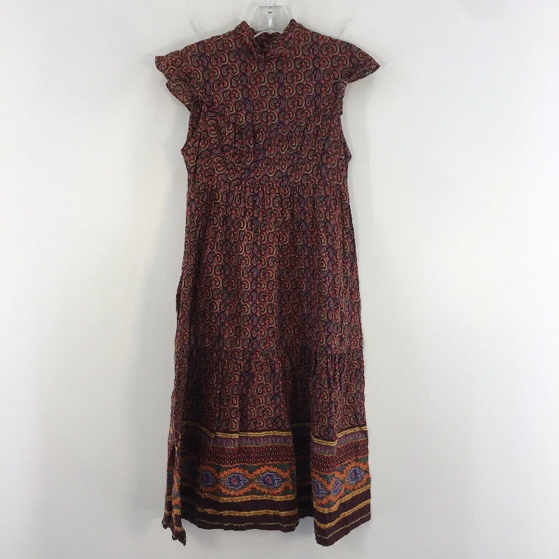 VTG 60s Max & Lulu California Red Burgundy Paisley Print SS Maxi Dress Womens 11