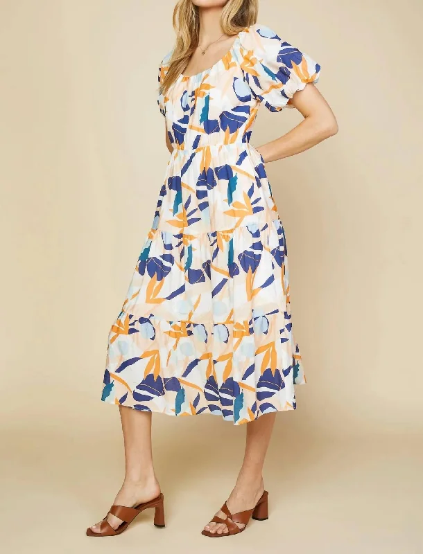 Abstract Botanical Midi Dress In Tangerine Navy