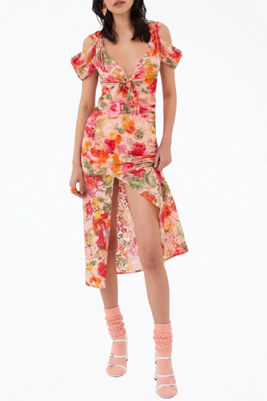 Beth Floral Corded Lace Midi Dress In Pink